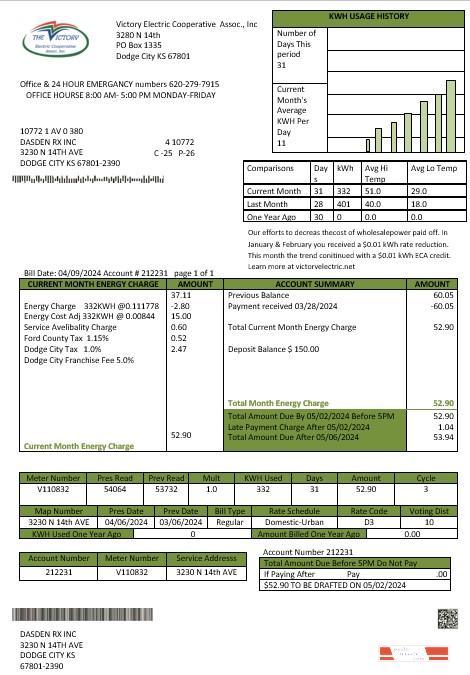 USA Kansas Victory Electric business utility bill template in Word and PDF formats